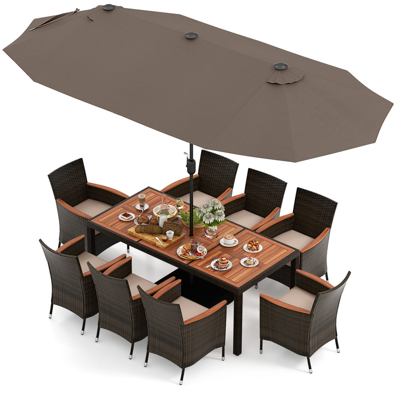 Costway - 11 Pieces Patio Dining Set with 15 Feet Double-Sided Patio Umbrella and Base-Coffee