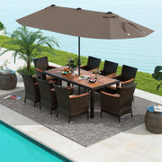Costway - 11 Pieces Patio Dining Set with 15 Feet Double-Sided Patio Umbrella and Base-Coffee