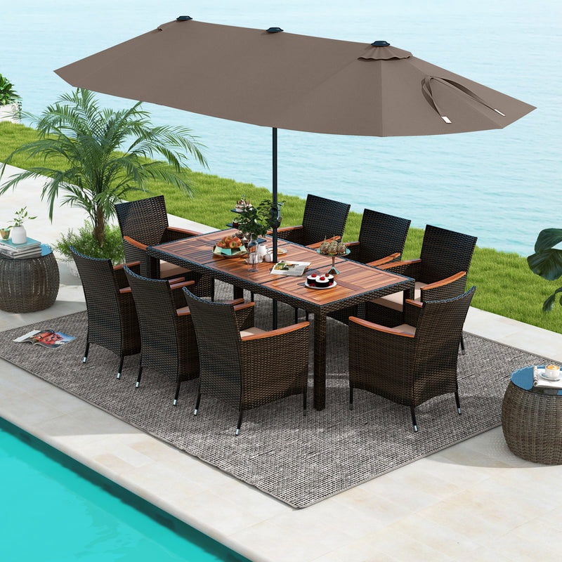 Costway - 11 Pieces Patio Dining Set with 15 Feet Double-Sided Patio Umbrella and Base-Coffee