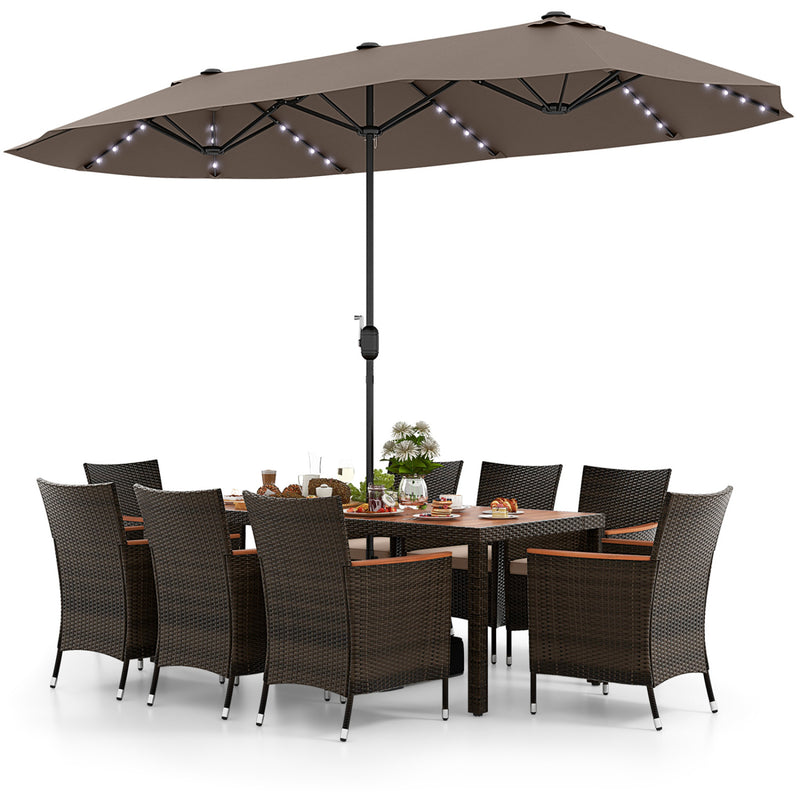 Costway - 11 Pieces Patio Dining Set with 15 Feet Double-Sided Patio Umbrella and Base-Coffee