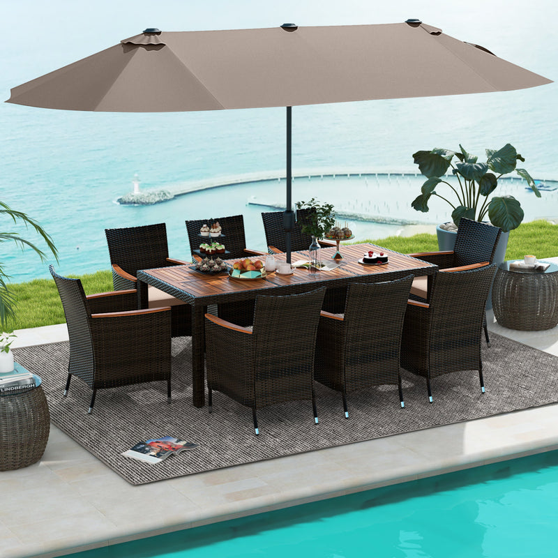 Costway - 11 Pieces Patio Dining Set with 15 Feet Double-Sided Patio Umbrella and Base-Coffee
