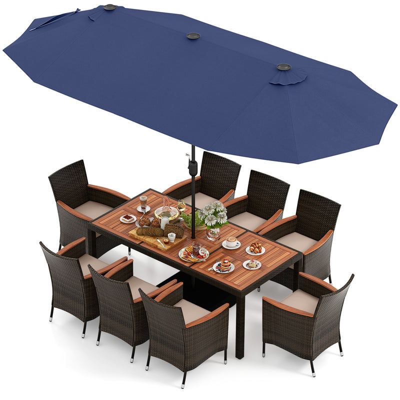 Costway - 11 Pieces Patio Dining Set with 15 Feet Double-Sided Patio Umbrella and Base-Navy