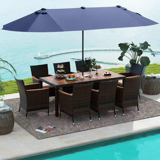 Costway - 11 Pieces Patio Dining Set with 15 Feet Double-Sided Patio Umbrella and Base-Navy
