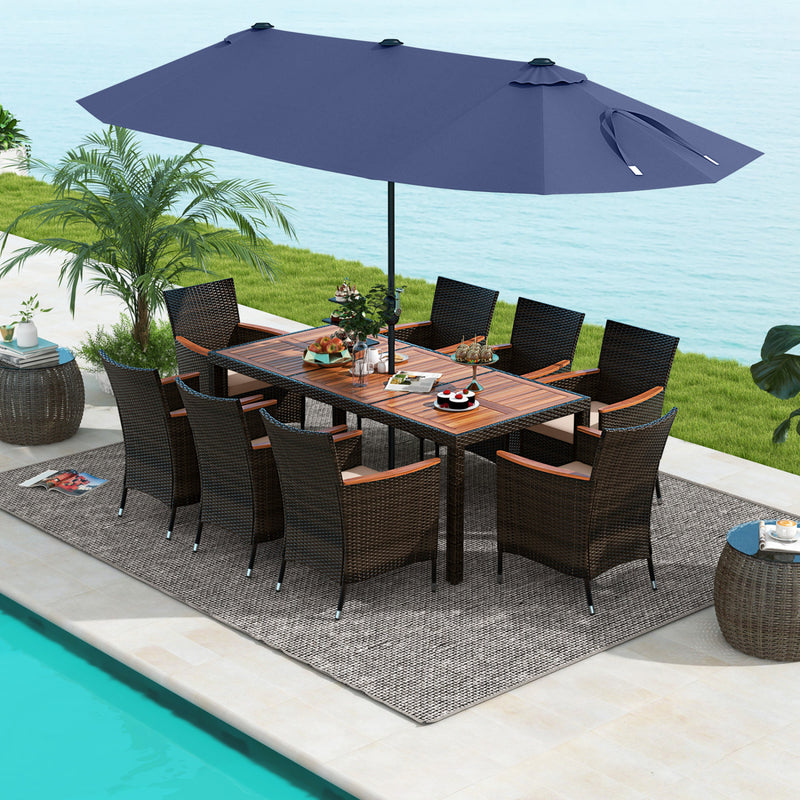 Costway - 11 Pieces Patio Dining Set with 15 Feet Double-Sided Patio Umbrella and Base-Navy