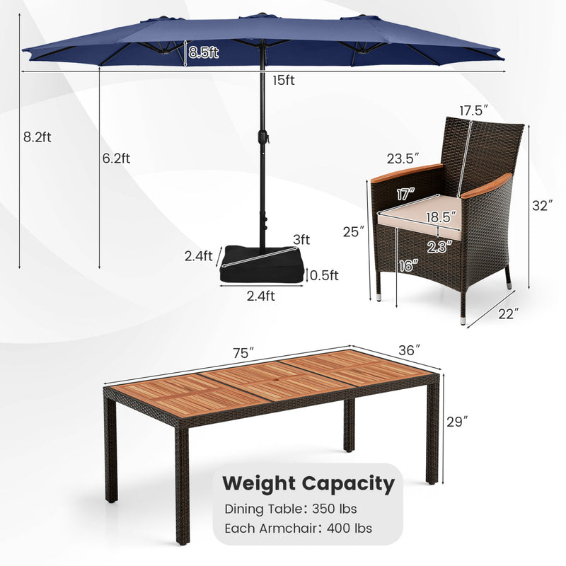 Costway - 11 Pieces Patio Dining Set with 15 Feet Double-Sided Patio Umbrella and Base-Navy