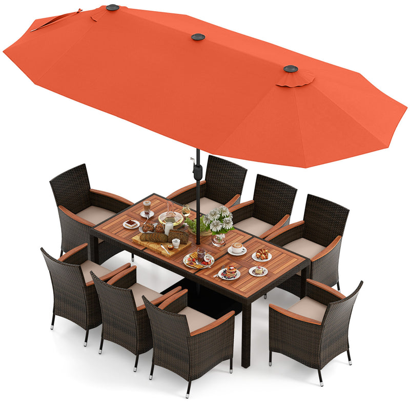 Costway - 11 Pieces Patio Dining Set with 15 Feet Double-Sided Patio Umbrella and Base-Orange