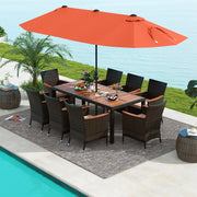 Costway - 11 Pieces Patio Dining Set with 15 Feet Double-Sided Patio Umbrella and Base-Orange