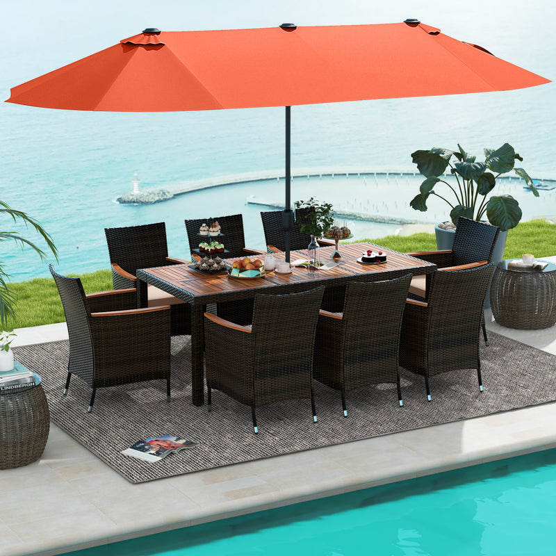 Costway - 11 Pieces Patio Dining Set with 15 Feet Double-Sided Patio Umbrella and Base-Orange