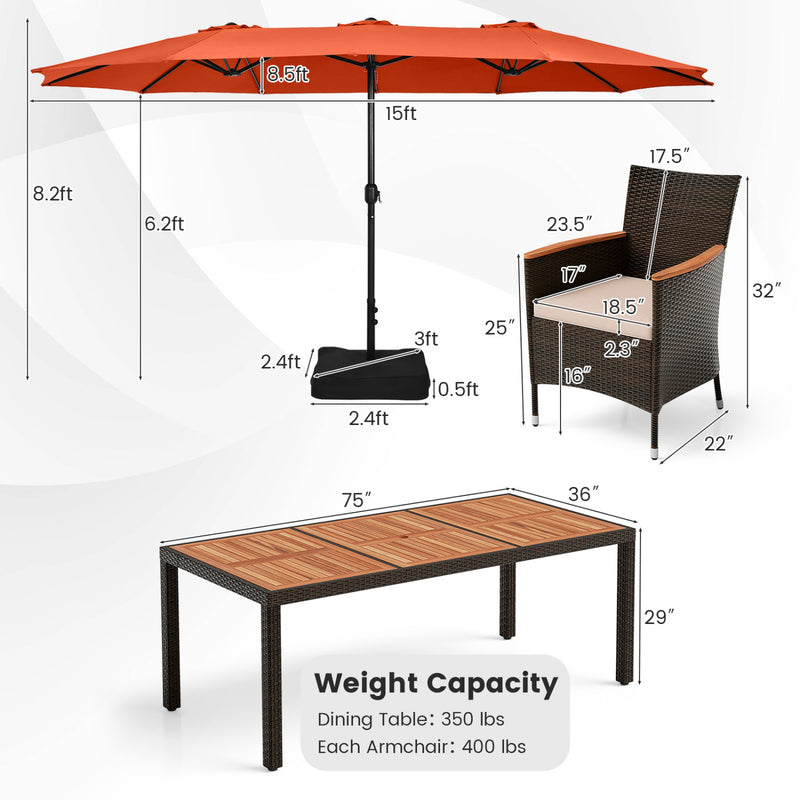 Costway - 11 Pieces Patio Dining Set with 15 Feet Double-Sided Patio Umbrella and Base-Orange