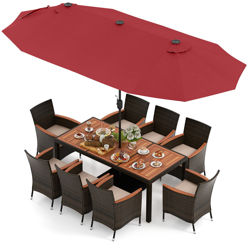 Costway - 11 Pieces Patio Dining Set with 15 Feet Double-Sided Patio Umbrella and Base-Wine