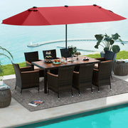 Costway - 11 Pieces Patio Dining Set with 15 Feet Double-Sided Patio Umbrella and Base-Wine