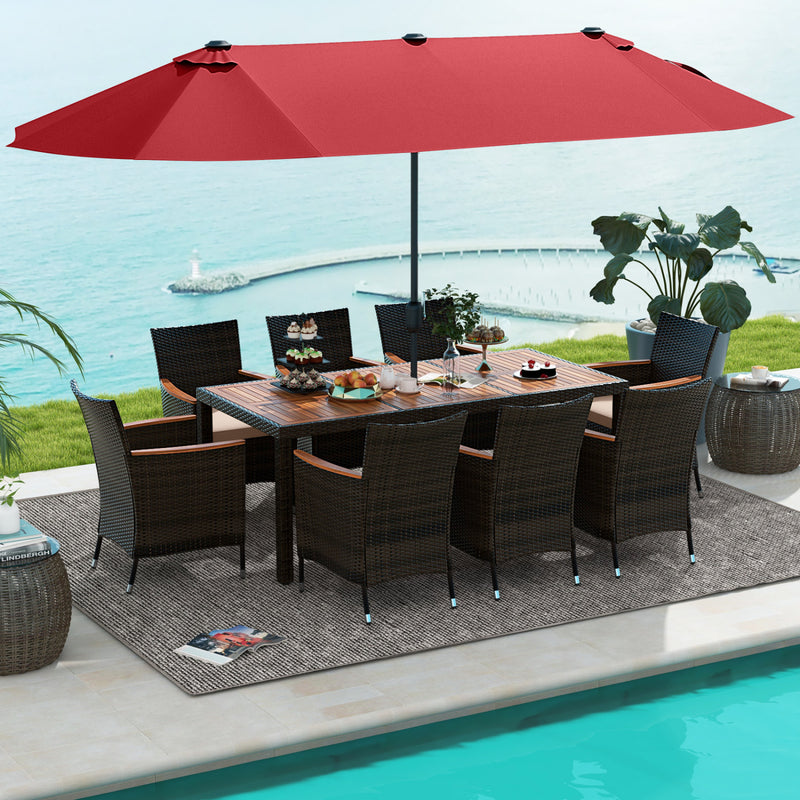 Costway - 11 Pieces Patio Dining Set with 15 Feet Double-Sided Patio Umbrella and Base-Wine
