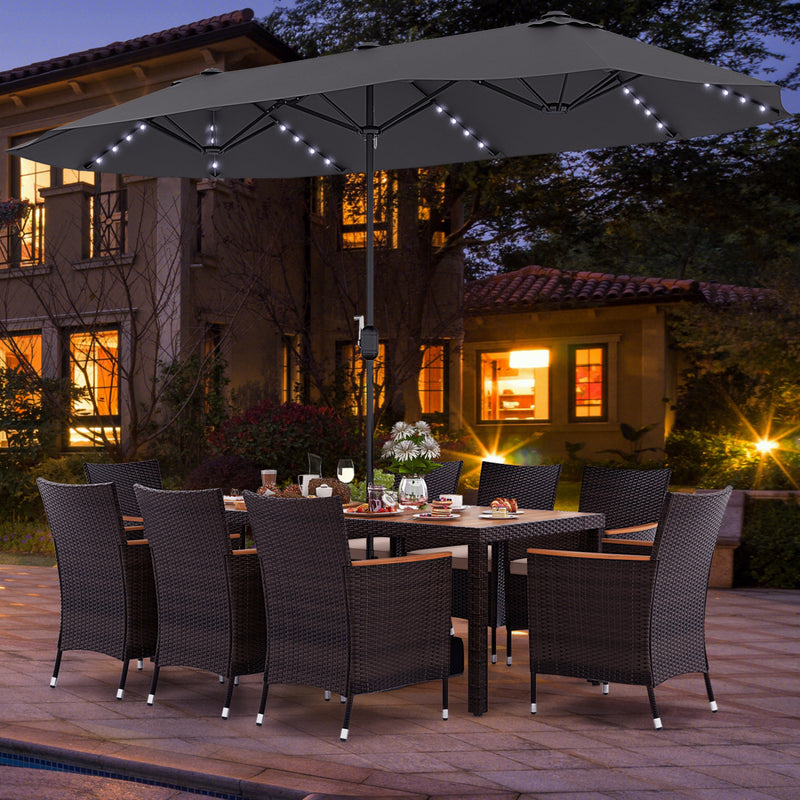 Costway - 11 Pieces Patio Dining Set with 15 Feet Double-Sided Patio Umbrella and Base-Gray