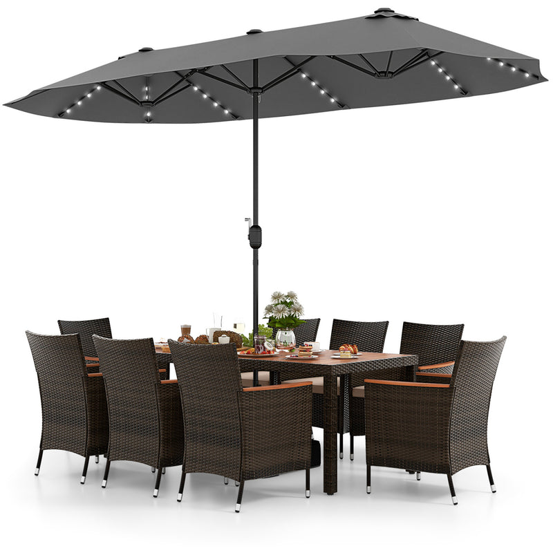 Costway - 11 Pieces Patio Dining Set with 15 Feet Double-Sided Patio Umbrella and Base-Gray