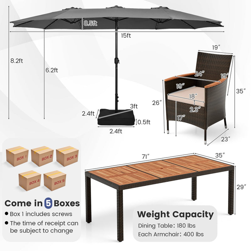 Costway - 11 Pieces Patio Dining Set with 15 Feet Double-Sided Patio Umbrella and Base-Gray