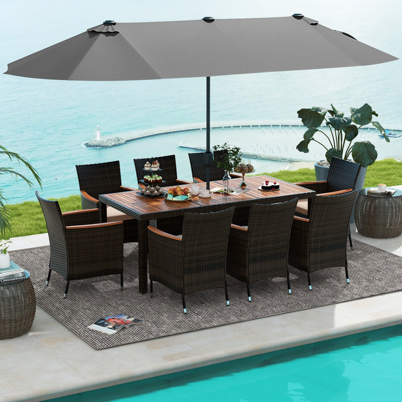 Costway - 11 Pieces Patio Dining Set with 15 Feet Double-Sided Patio Umbrella and Base-Gray