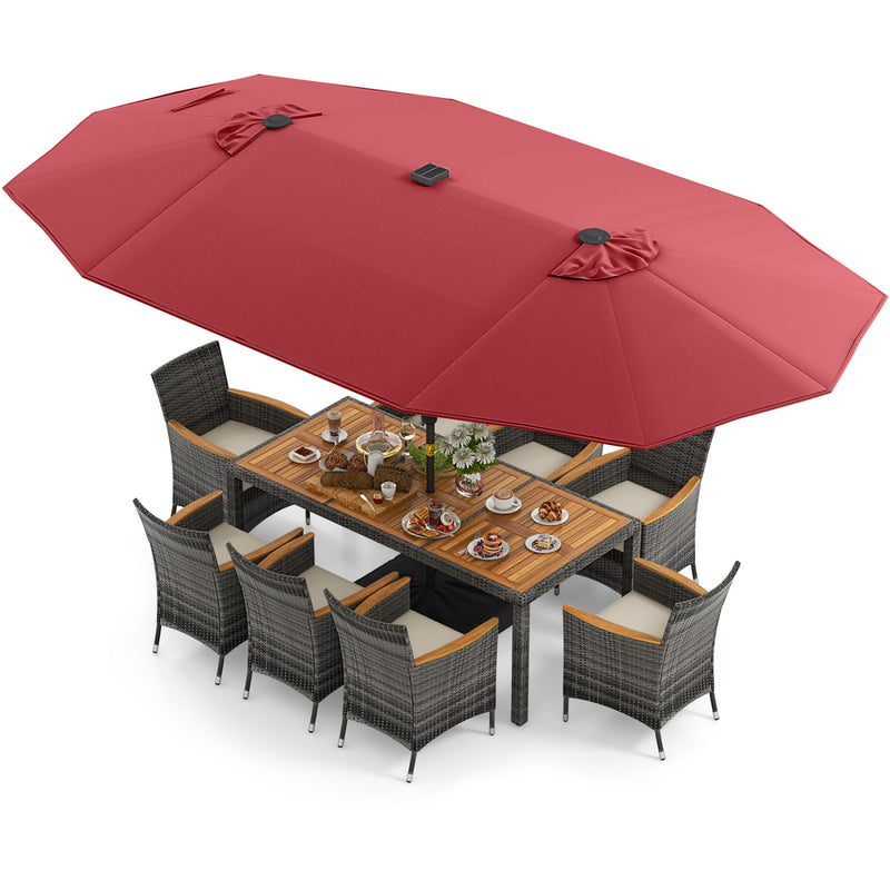 Costway - 11 Pieces Patio Dining Set with 15 Feet Double-Sided Patio Umbrella Base Included-Wine