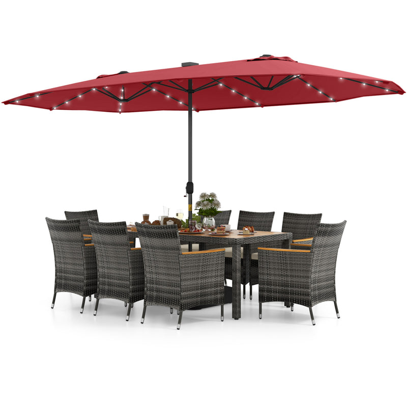 Costway - 11 Pieces Patio Dining Set with 15 Feet Double-Sided Patio Umbrella Base Included-Wine