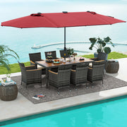 Costway - 11 Pieces Patio Dining Set with 15 Feet Double-Sided Patio Umbrella Base Included-Wine