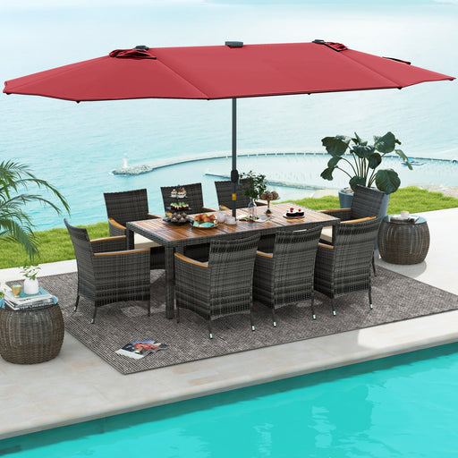 Costway - 11 Pieces Patio Dining Set with 15 Feet Double-Sided Patio Umbrella Base Included-Wine