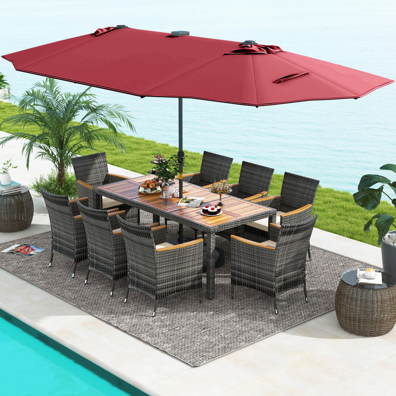 Costway - 11 Pieces Patio Dining Set with 15 Feet Double-Sided Patio Umbrella Base Included-Wine