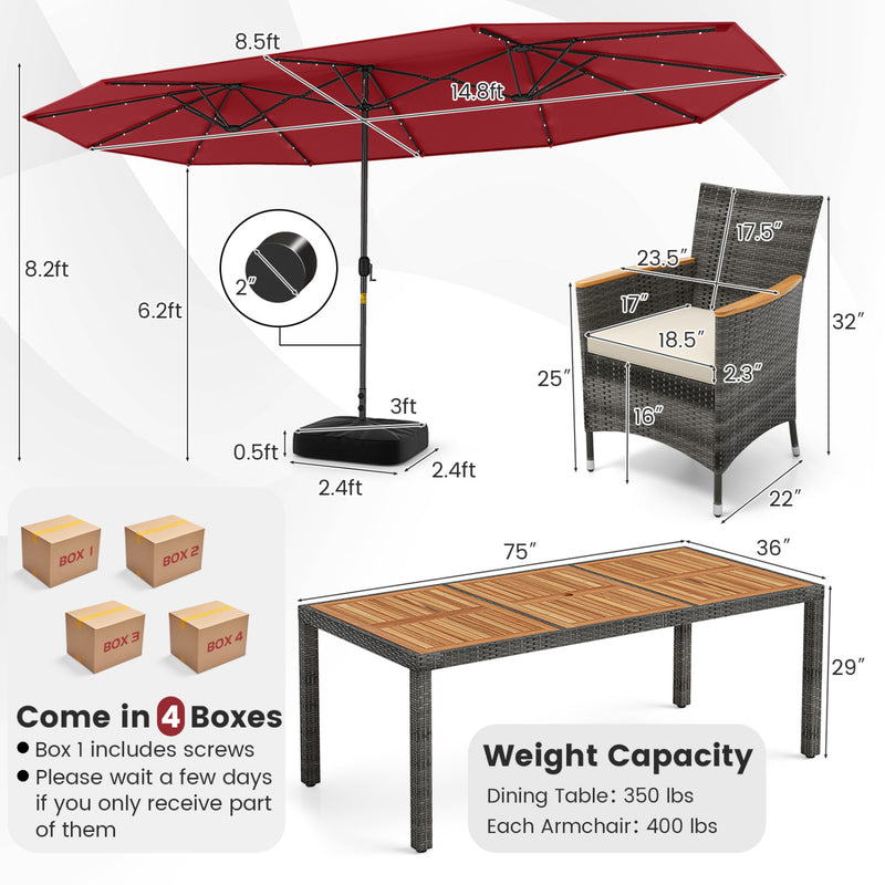 Costway - 11 Pieces Patio Dining Set with 15 Feet Double-Sided Patio Umbrella Base Included-Wine