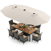 Costway - 11 Pieces Patio Dining Set with 15 Feet Double-Sided Patio Umbrella Base Included-Beige