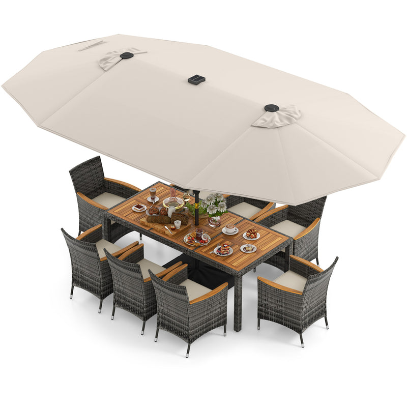 Costway - 11 Pieces Patio Dining Set with 15 Feet Double-Sided Patio Umbrella Base Included-Beige