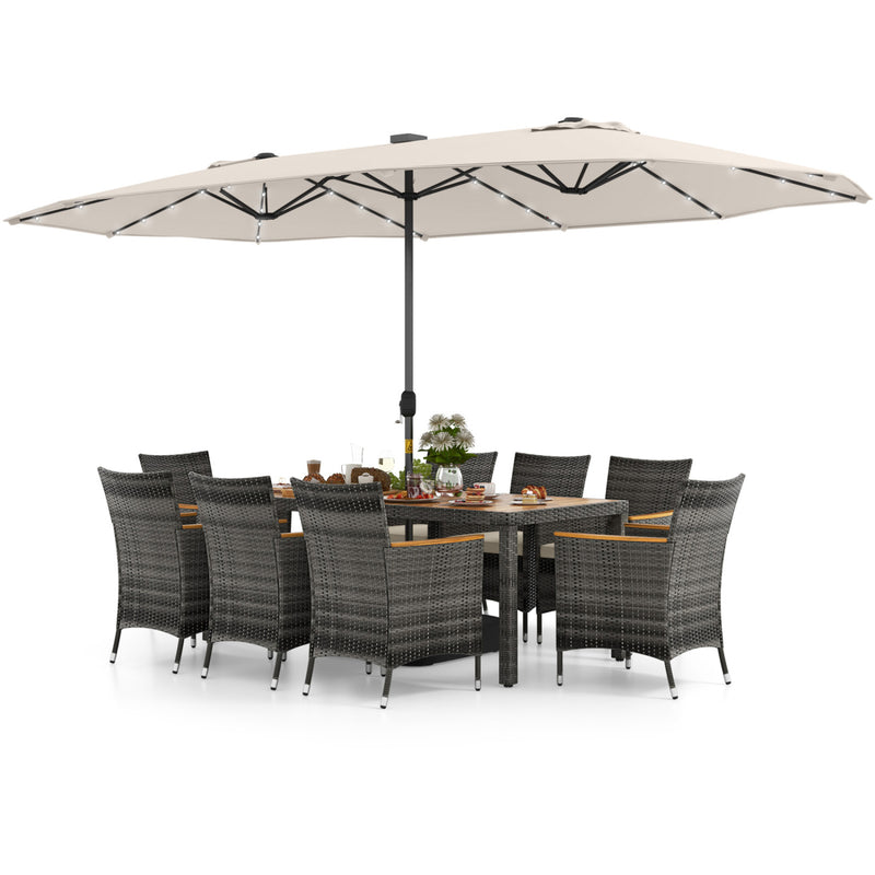 Costway - 11 Pieces Patio Dining Set with 15 Feet Double-Sided Patio Umbrella Base Included-Beige