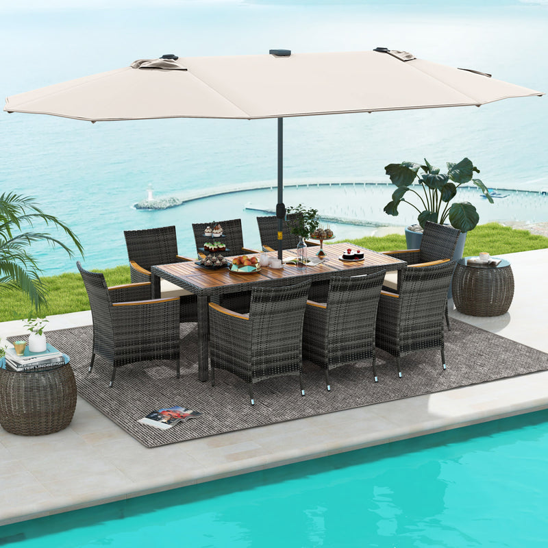 Costway - 11 Pieces Patio Dining Set with 15 Feet Double-Sided Patio Umbrella Base Included-Beige