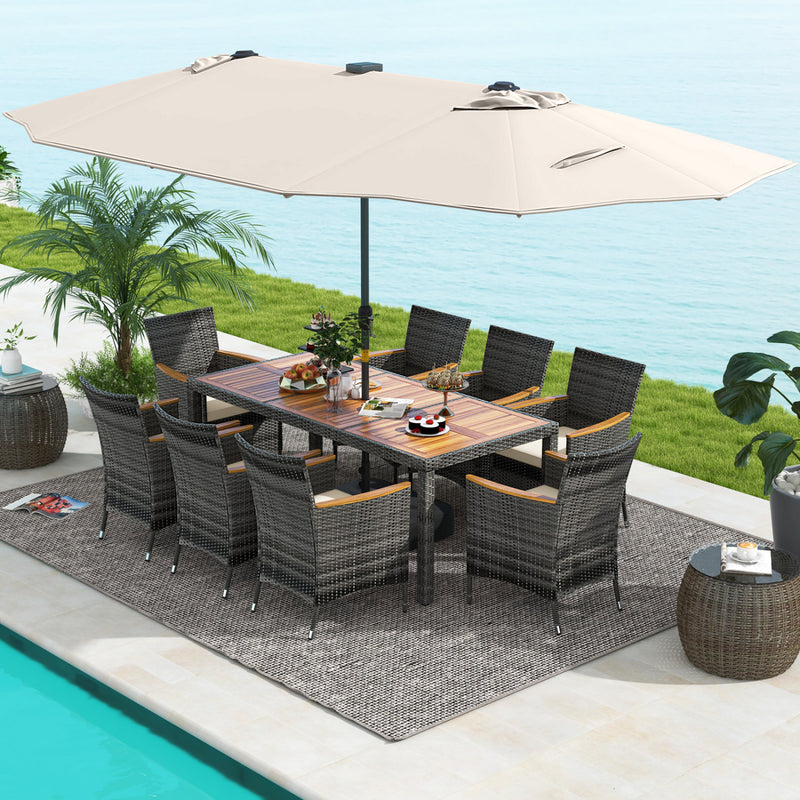Costway - 11 Pieces Patio Dining Set with 15 Feet Double-Sided Patio Umbrella Base Included-Beige