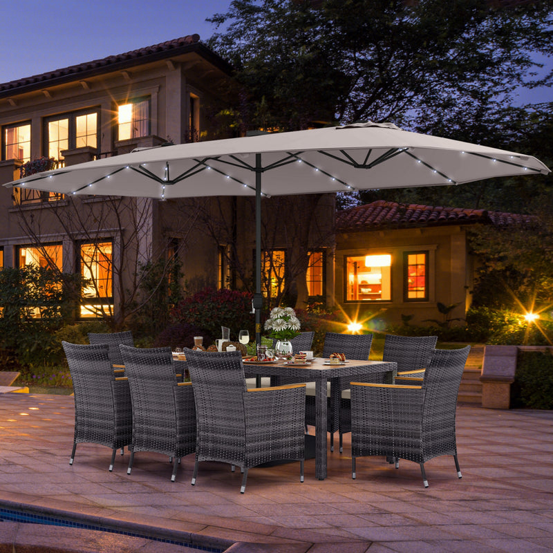 Costway - 11 Pieces Patio Dining Set with 15 Feet Double-Sided Patio Umbrella Base Included-Beige