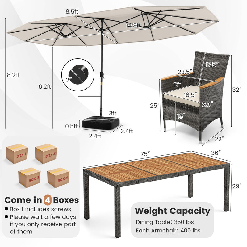 Costway - 11 Pieces Patio Dining Set with 15 Feet Double-Sided Patio Umbrella Base Included-Beige