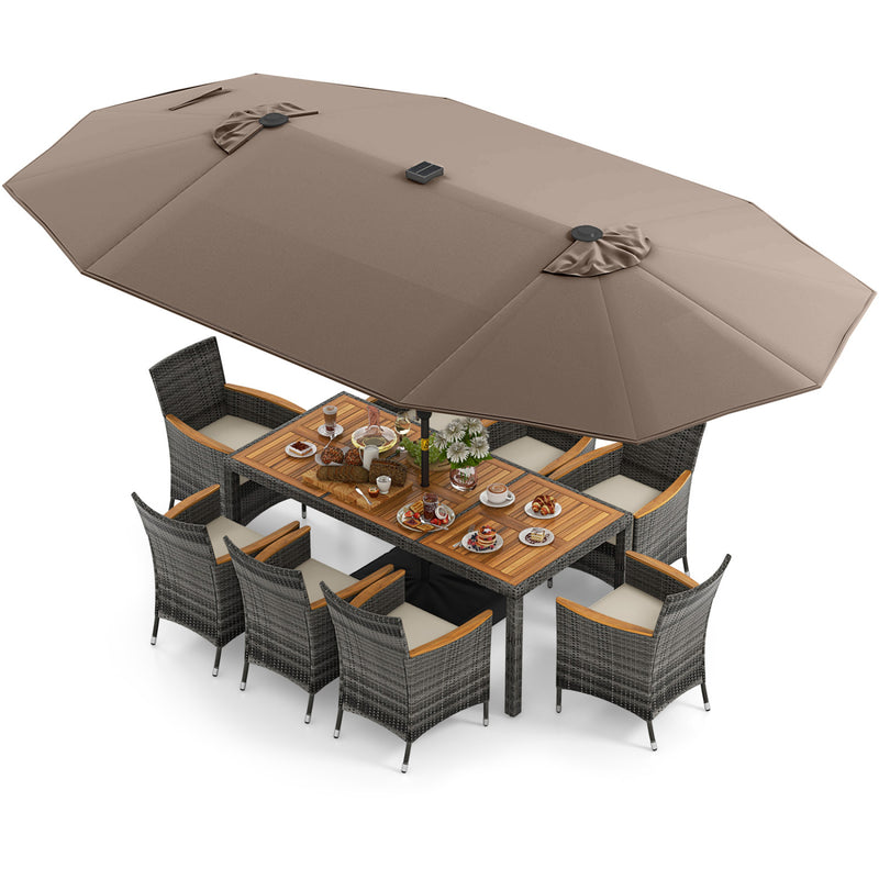 Costway - 11 Pieces Patio Dining Set with 15 Feet Double-Sided Patio Umbrella Base Included-Tan