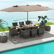 Costway - 11 Pieces Patio Dining Set with 15 Feet Double-Sided Patio Umbrella Base Included-Tan