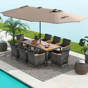 Costway - 11 Pieces Patio Dining Set with 15 Feet Double-Sided Patio Umbrella Base Included-Tan