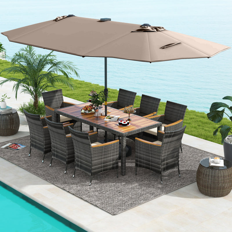 Costway - 11 Pieces Patio Dining Set with 15 Feet Double-Sided Patio Umbrella Base Included-Tan