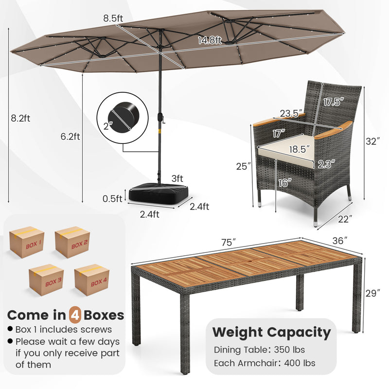 Costway - 11 Pieces Patio Dining Set with 15 Feet Double-Sided Patio Umbrella Base Included-Tan