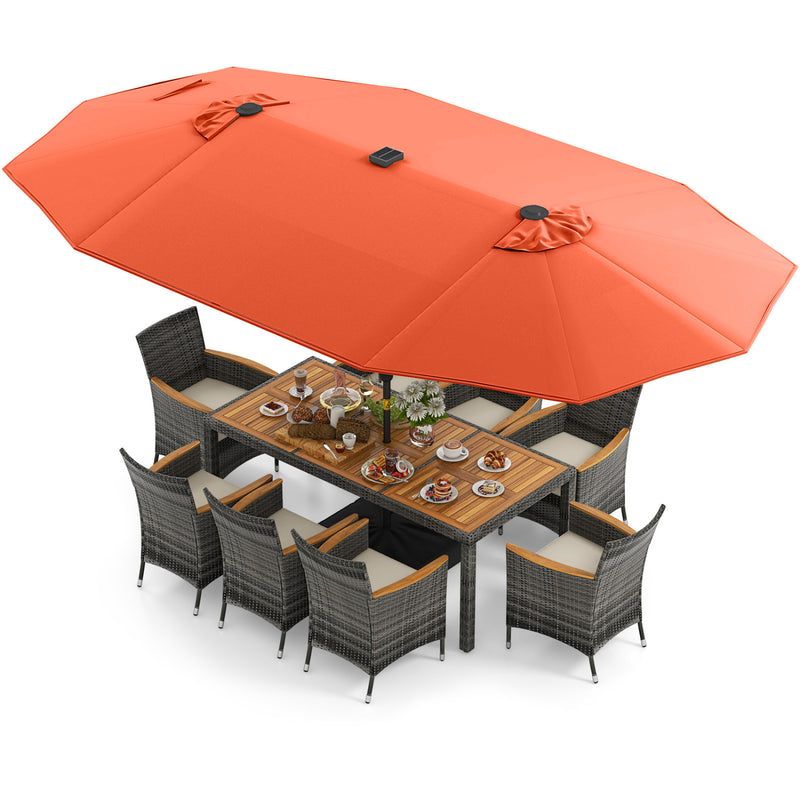 Costway - 11 Pieces Patio Dining Set with 15 Feet Double-Sided Patio Umbrella Base Included-Orange