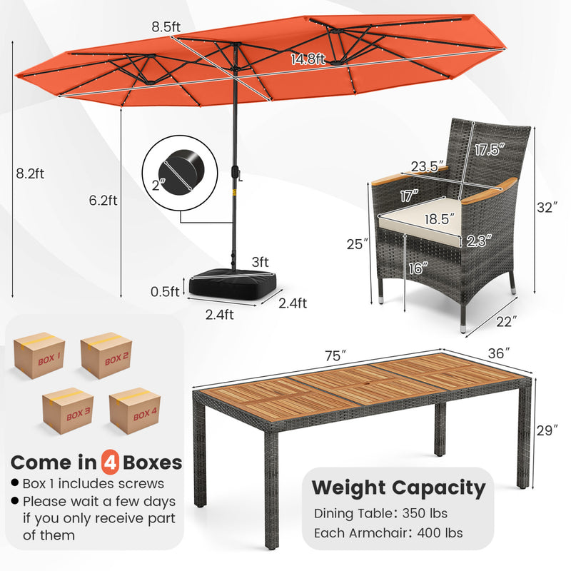 Costway - 11 Pieces Patio Dining Set with 15 Feet Double-Sided Patio Umbrella Base Included-Orange