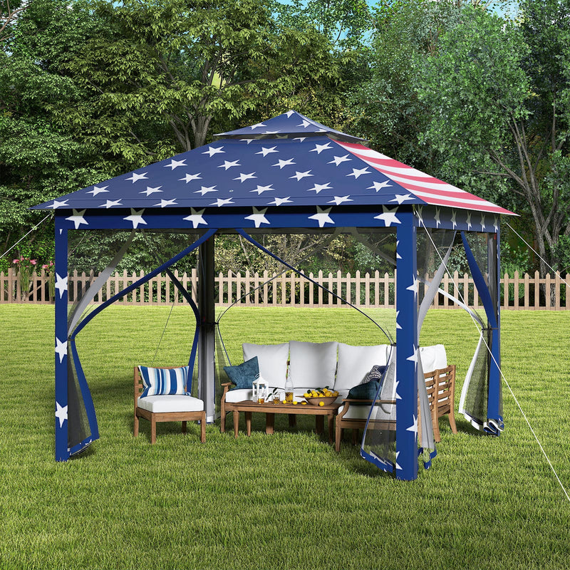 Costway - 11 x 11 Feet 2-Tier Pop-Up Gazebo Tent Portable Canopy Shelter Carry Bag Mesh-Blue