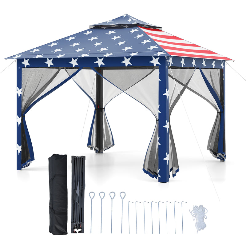 Costway - 11 x 11 Feet 2-Tier Pop-Up Gazebo Tent Portable Canopy Shelter Carry Bag Mesh-Blue