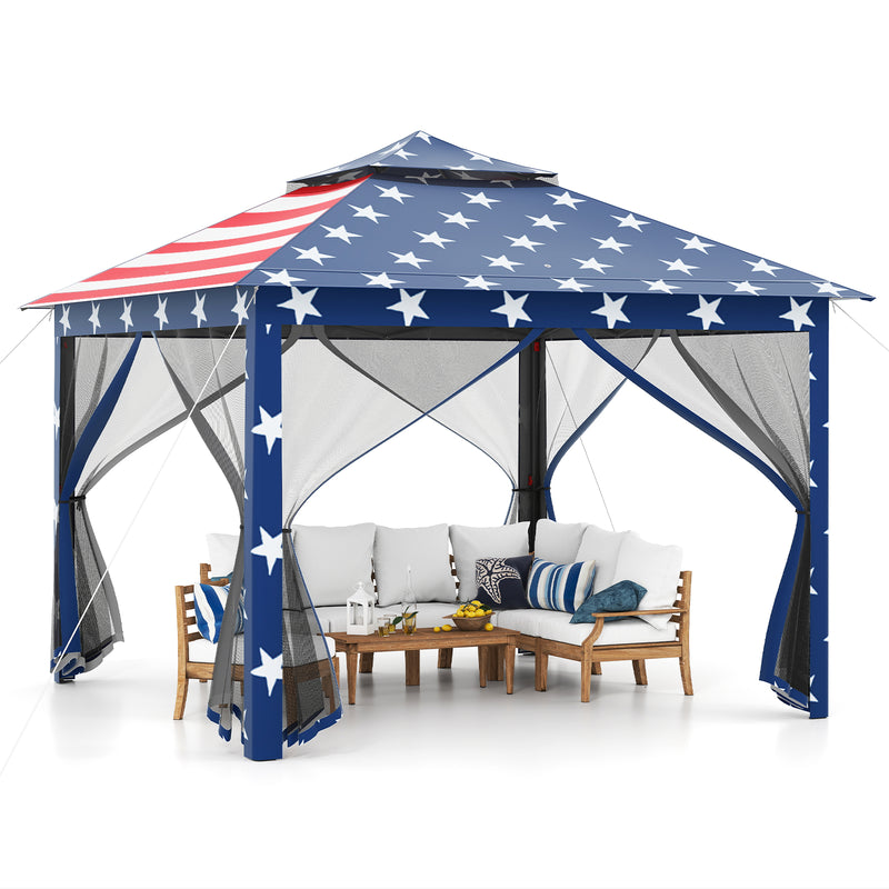 Costway - 11 x 11 Feet 2-Tier Pop-Up Gazebo Tent Portable Canopy Shelter Carry Bag Mesh-Blue