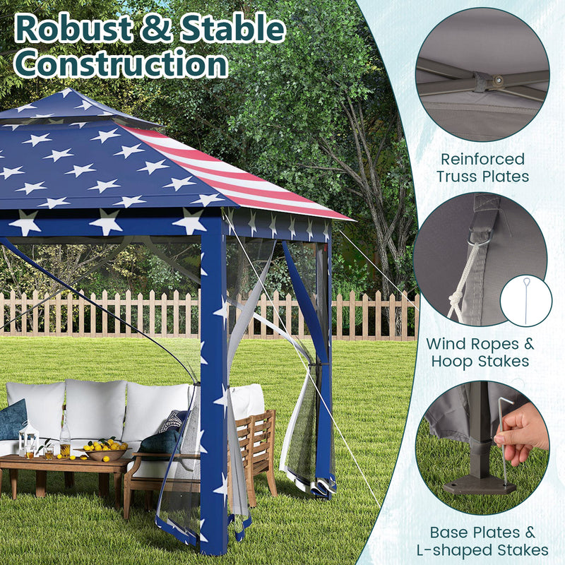 Costway - 11 x 11 Feet 2-Tier Pop-Up Gazebo Tent Portable Canopy Shelter Carry Bag Mesh-Blue