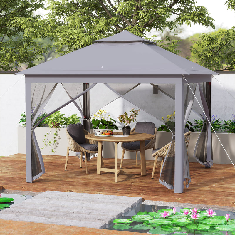 Costway - 11 x 11 Feet 2-Tier Pop-Up Gazebo Tent Portable Canopy Shelter Carry Bag Mesh-Gray