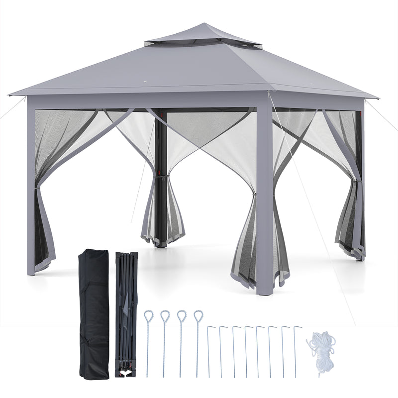 Costway - 11 x 11 Feet 2-Tier Pop-Up Gazebo Tent Portable Canopy Shelter Carry Bag Mesh-Gray