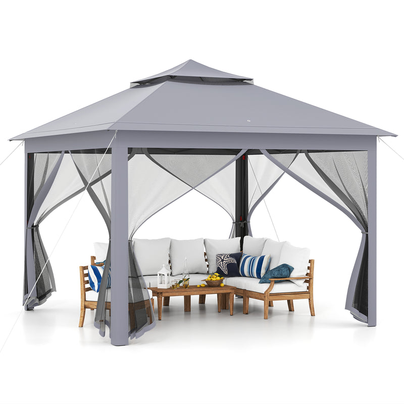 Costway - 11 x 11 Feet 2-Tier Pop-Up Gazebo Tent Portable Canopy Shelter Carry Bag Mesh-Gray