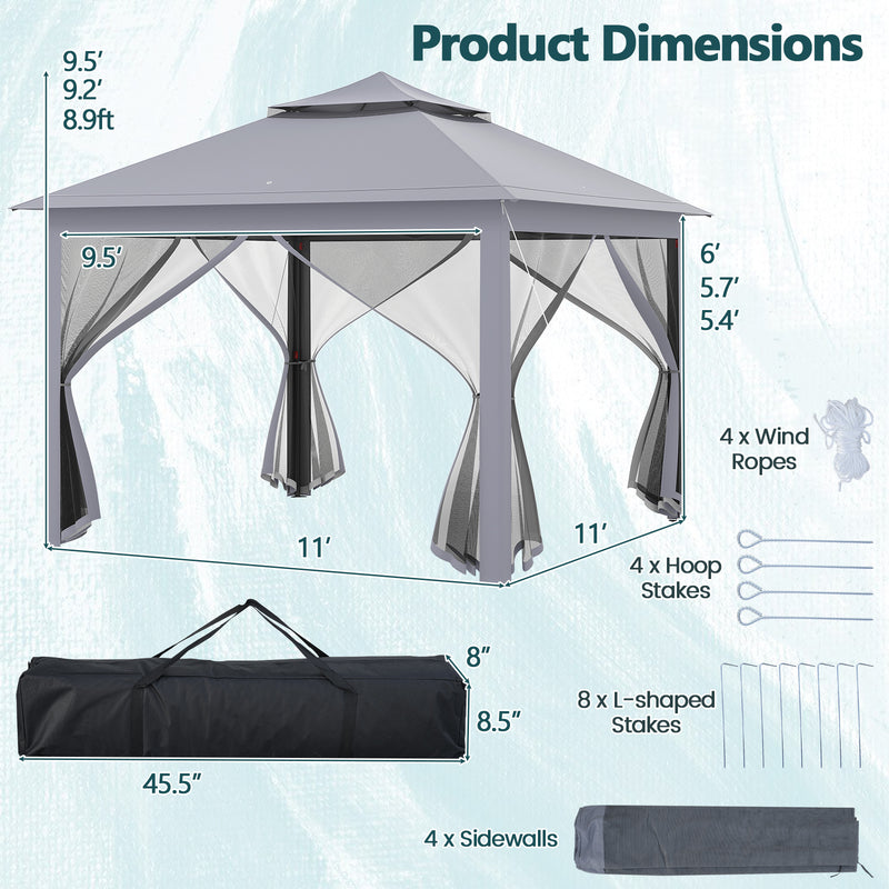 Costway - 11 x 11 Feet 2-Tier Pop-Up Gazebo Tent Portable Canopy Shelter Carry Bag Mesh-Gray