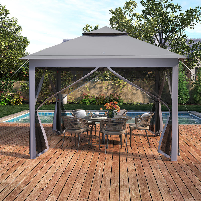 Costway - 11 x 11 Feet 2-Tier Pop-Up Gazebo Tent Portable Canopy Shelter Carry Bag Mesh-Gray