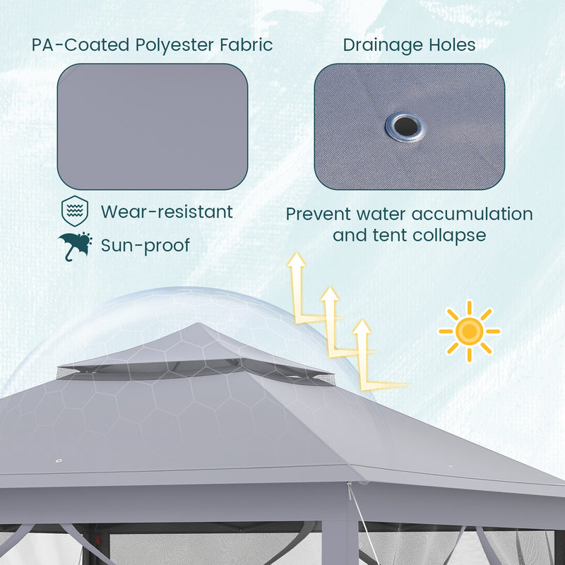 Costway - 11 x 11 Feet 2-Tier Pop-Up Gazebo Tent Portable Canopy Shelter Carry Bag Mesh-Gray